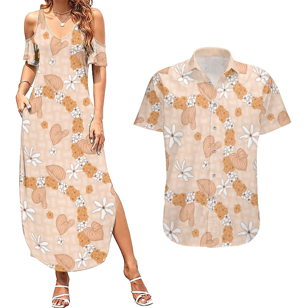Hawaii Anthurium Tiare Pikake Lei Couples Matching Summer Maxi Dress and Hawaiian Shirt Alani Lauhala Art Pattern