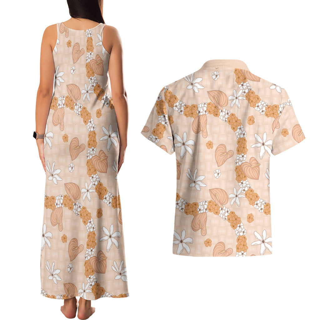 Hawaii Anthurium Tiare Pikake Lei Couples Matching Tank Maxi Dress and Hawaiian Shirt Alani Lauhala Art Pattern