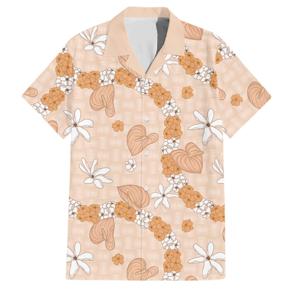 Hawaii Anthurium Tiare Pikake Lei Family Matching Off Shoulder Short Dress and Hawaiian Shirt Alani Lauhala Art Pattern LT01 Dad's Shirt - Short Sleeve Orange - Polynesian Pride