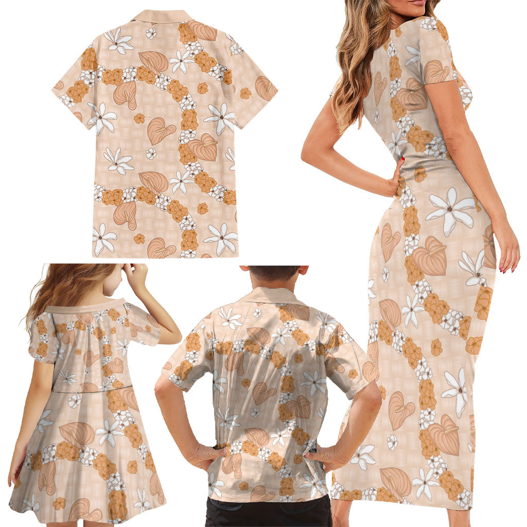 Hawaii Anthurium Tiare Pikake Lei Family Matching Short Sleeve Bodycon Dress and Hawaiian Shirt Alani Lauhala Art Pattern LT01 - Polynesian Pride