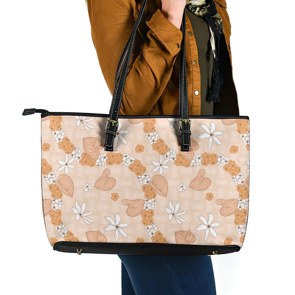Hawaii Anthurium Tiare Pikake Lei Leather Tote Bag Alani Lauhala Art Pattern