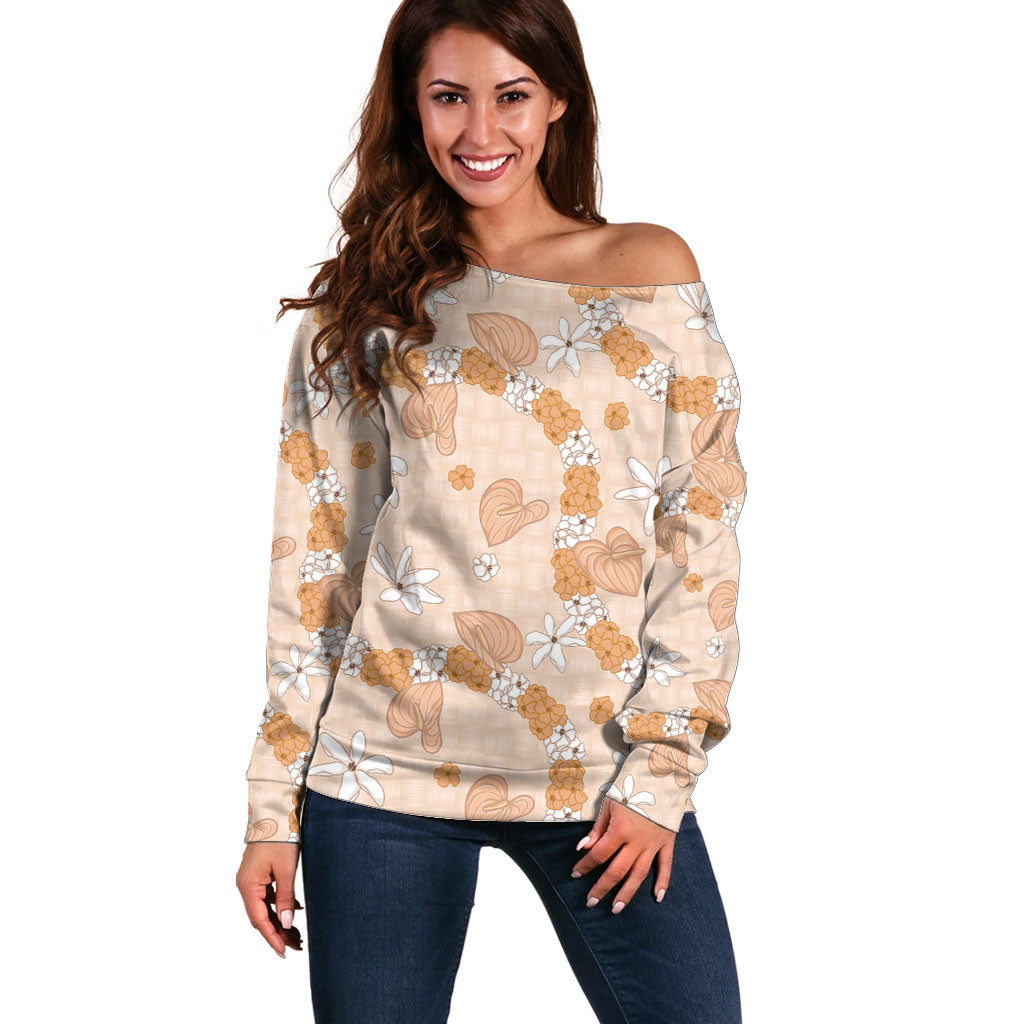 Hawaii Anthurium Tiare Pikake Lei Off Shoulder Sweater Alani Lauhala Art Pattern
