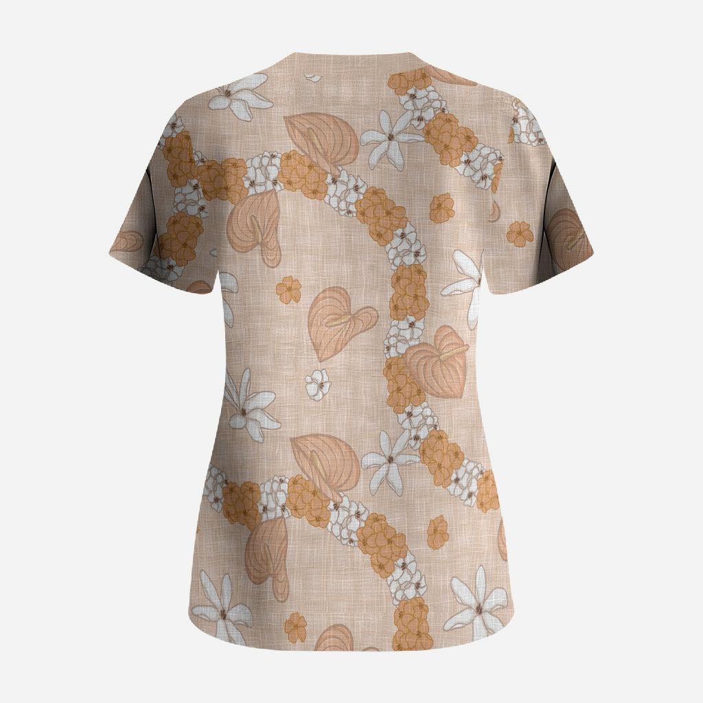 Hawaii Anthurium Tiare Pikake Lei Scrub Top Alani Lauhala Art Pattern