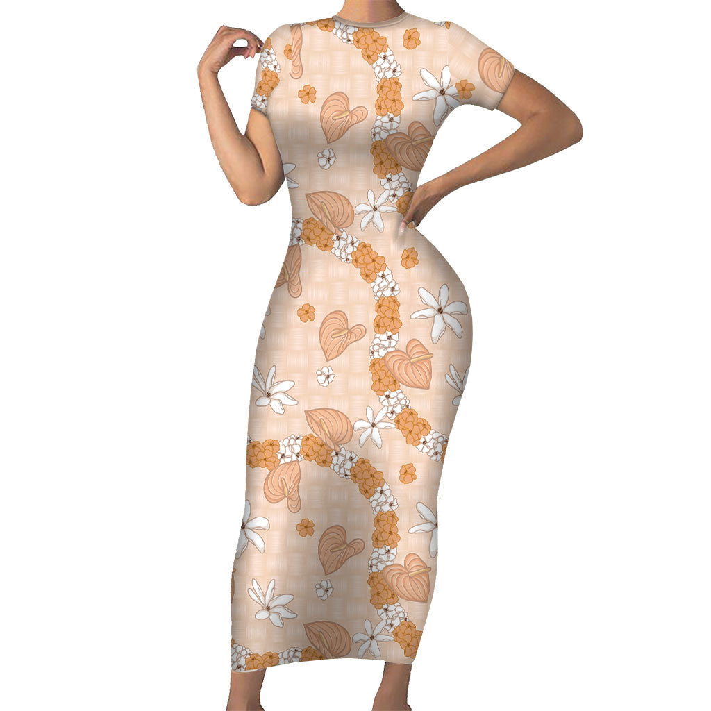 Hawaii Anthurium Tiare Pikake Lei Short Sleeve Bodycon Dress Alani Lauhala Art Pattern