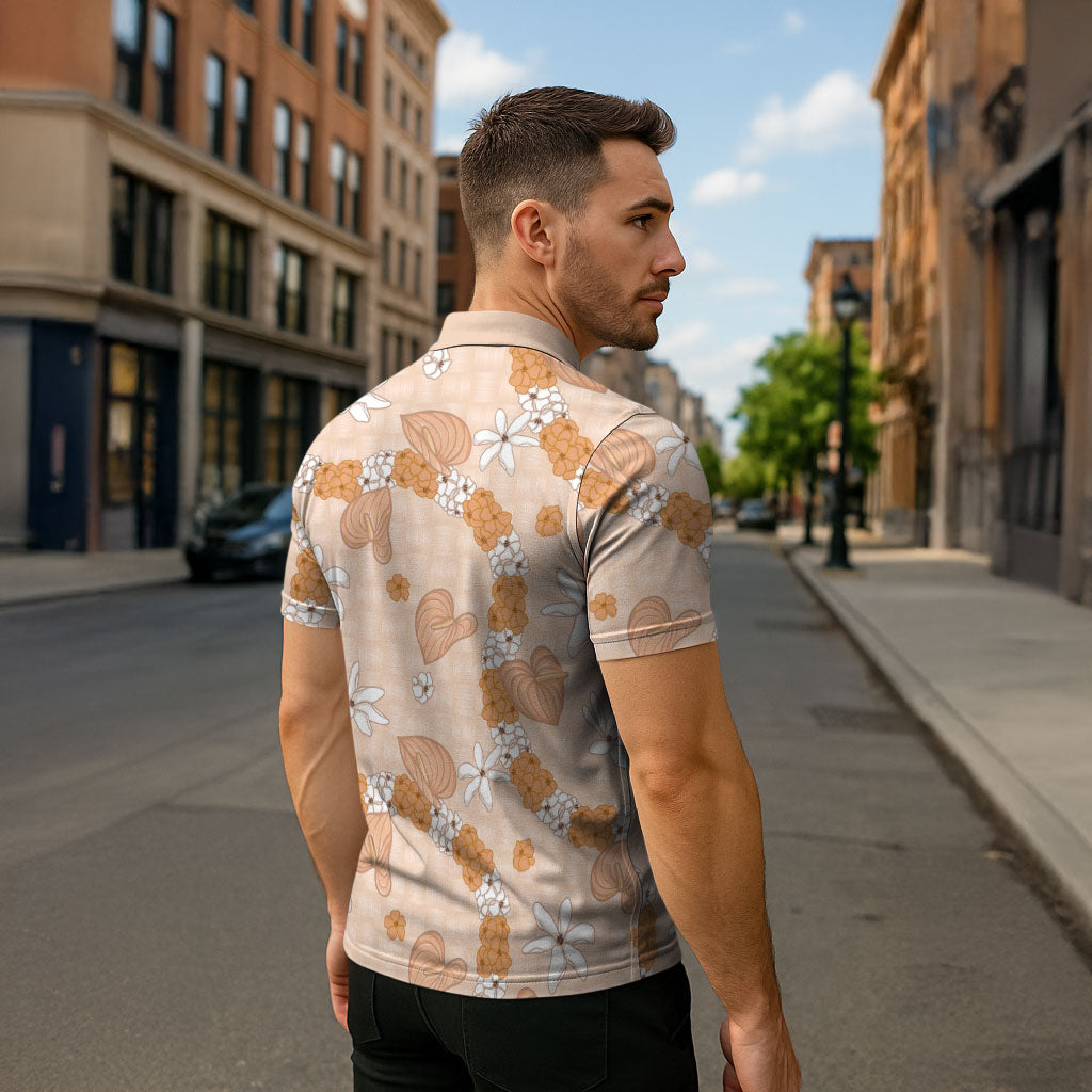 Hawaii Anthurium Tiare Pikake Lei Zipper Polo Shirt Alani Lauhala Art Pattern
