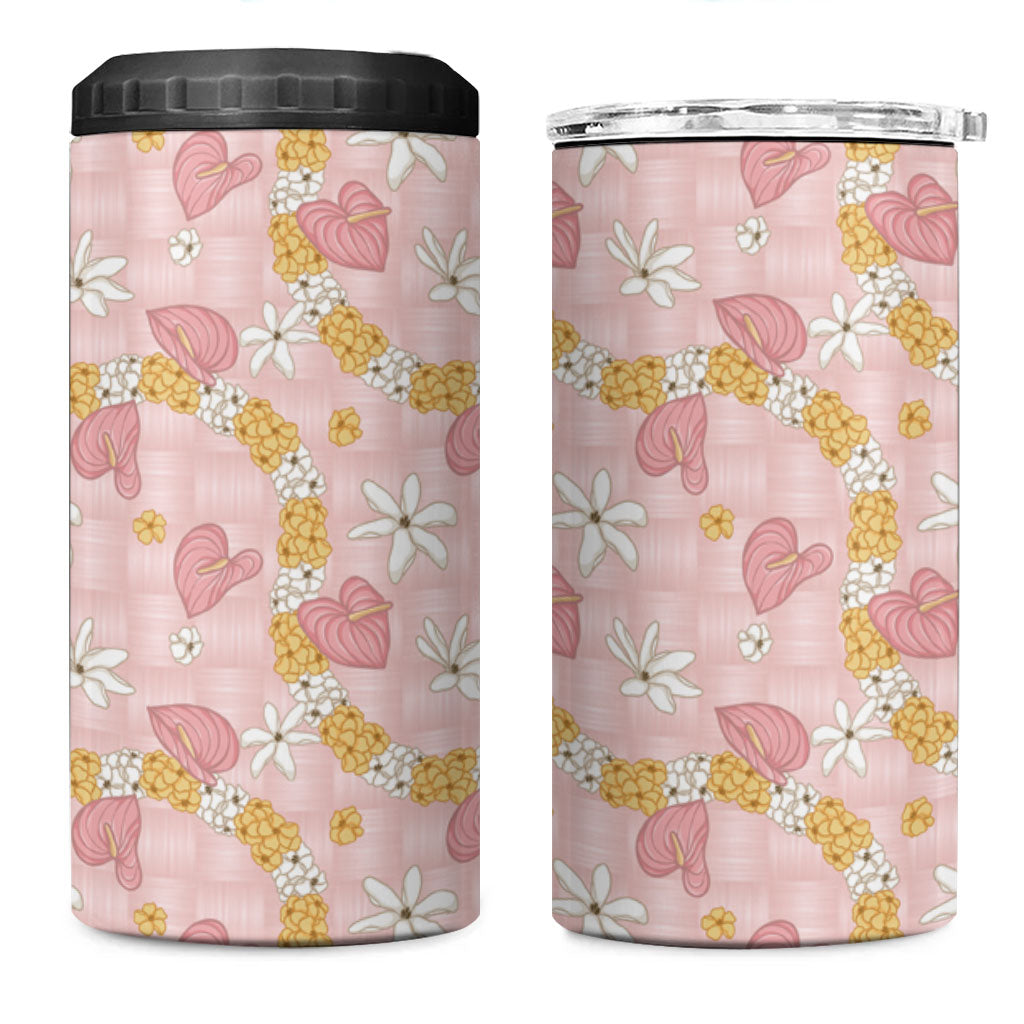 Hawaii Anthurium Tiare Pikake Lei 4 in 1 Can Cooler Tumbler Akala Lauhala Art Pattern