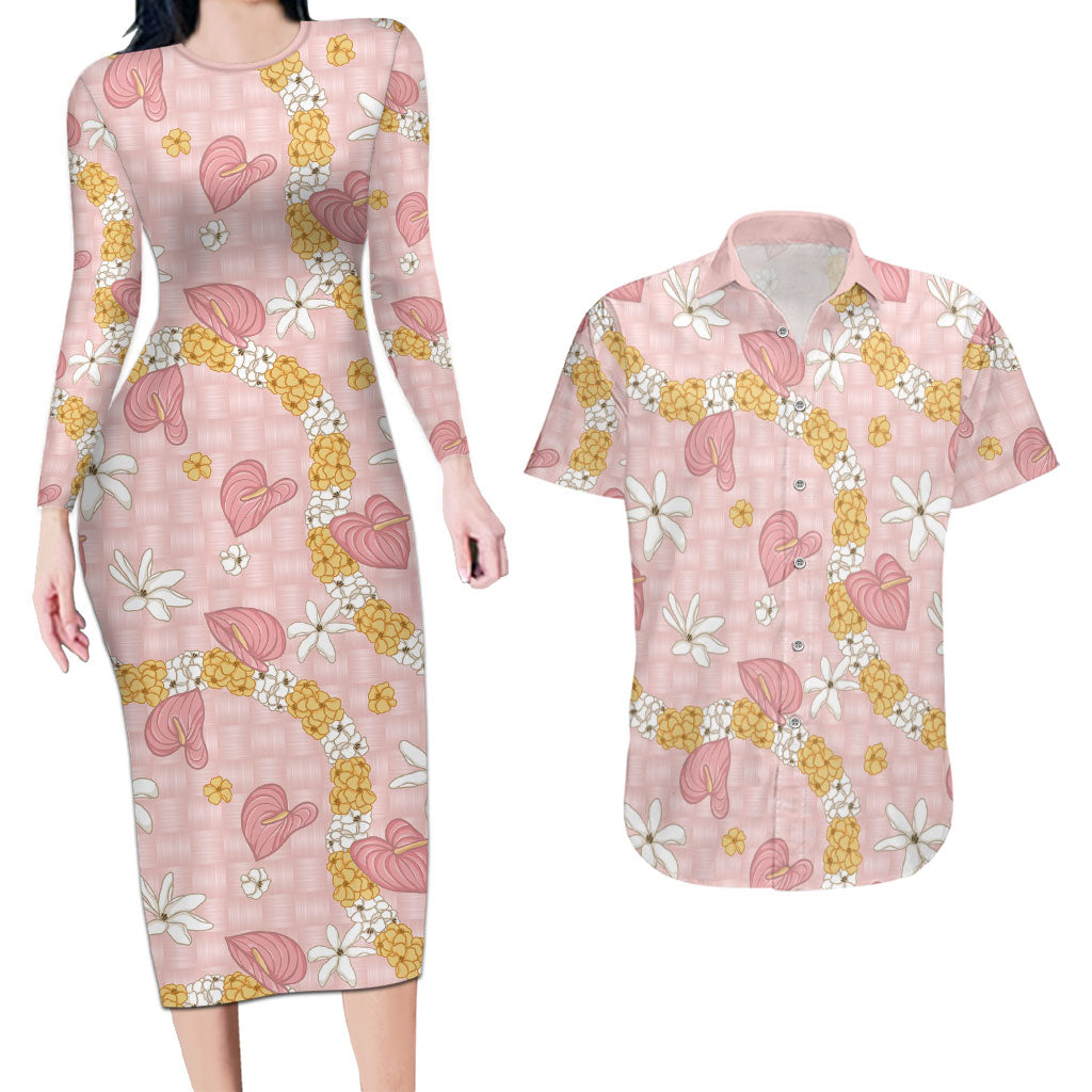 Hawaii Anthurium Tiare Pikake Lei Couples Matching Long Sleeve Bodycon Dress and Hawaiian Shirt Akala Lauhala Art Pattern