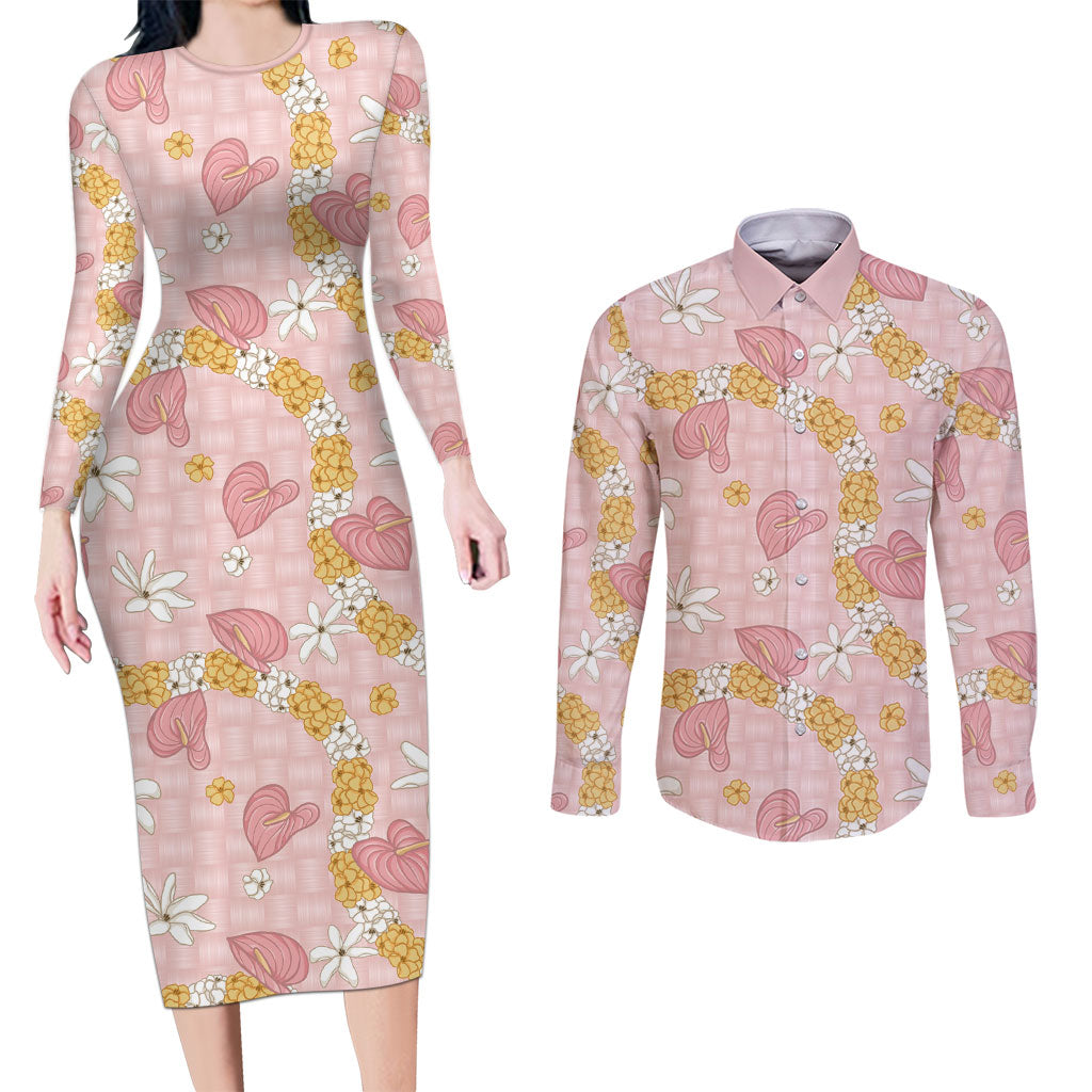 Hawaii Anthurium Tiare Pikake Lei Couples Matching Long Sleeve Bodycon Dress and Long Sleeve Button Shirt Akala Lauhala Art Pattern