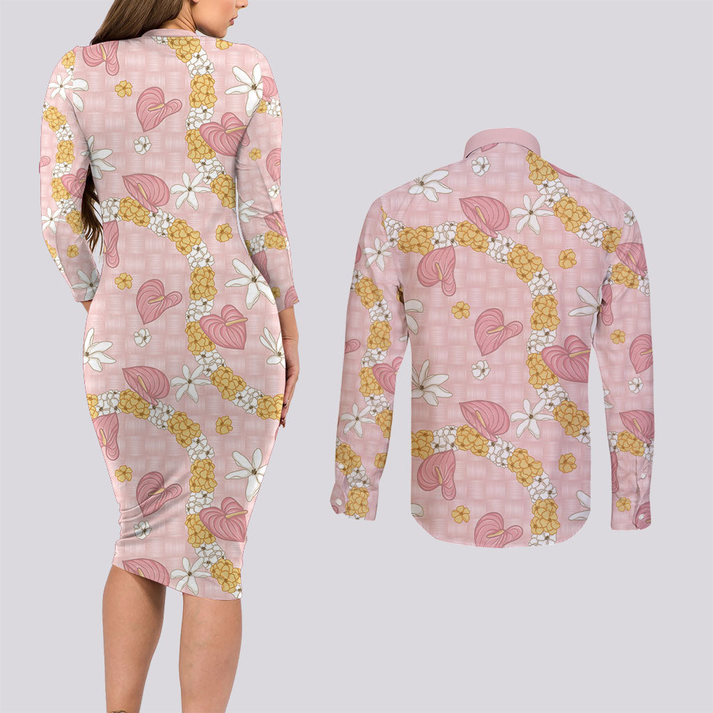 Hawaii Anthurium Tiare Pikake Lei Couples Matching Long Sleeve Bodycon Dress and Long Sleeve Button Shirt Akala Lauhala Art Pattern
