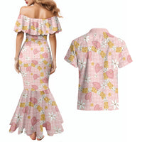 Hawaii Anthurium Tiare Pikake Lei Couples Matching Mermaid Dress and Hawaiian Shirt Akala Lauhala Art Pattern