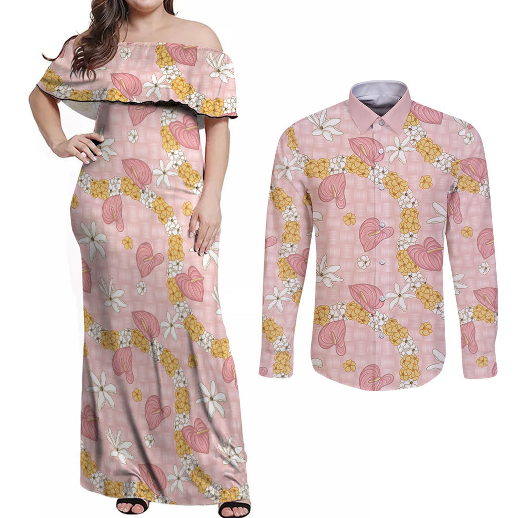 Hawaii Anthurium Tiare Pikake Lei Couples Matching Off Shoulder Maxi Dress and Long Sleeve Button Shirt Akala Lauhala Art Pattern