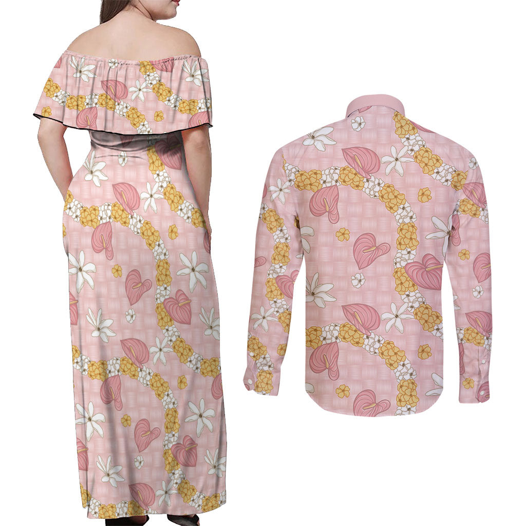 Hawaii Anthurium Tiare Pikake Lei Couples Matching Off Shoulder Maxi Dress and Long Sleeve Button Shirt Akala Lauhala Art Pattern