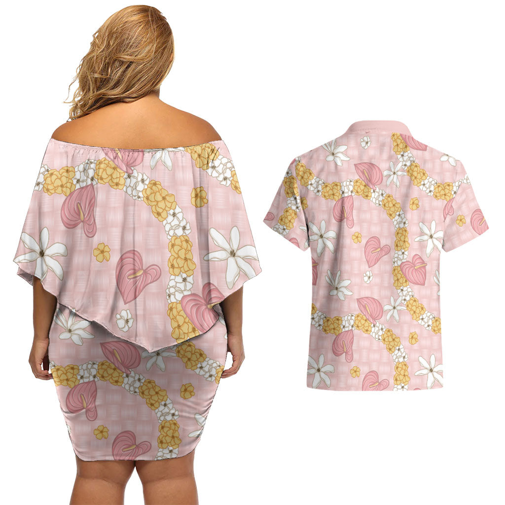Hawaii Anthurium Tiare Pikake Lei Couples Matching Off Shoulder Short Dress and Hawaiian Shirt Akala Lauhala Art Pattern