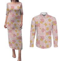 Hawaii Anthurium Tiare Pikake Lei Couples Matching Puletasi and Long Sleeve Button Shirt Akala Lauhala Art Pattern