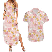 Hawaii Anthurium Tiare Pikake Lei Couples Matching Summer Maxi Dress and Hawaiian Shirt Akala Lauhala Art Pattern
