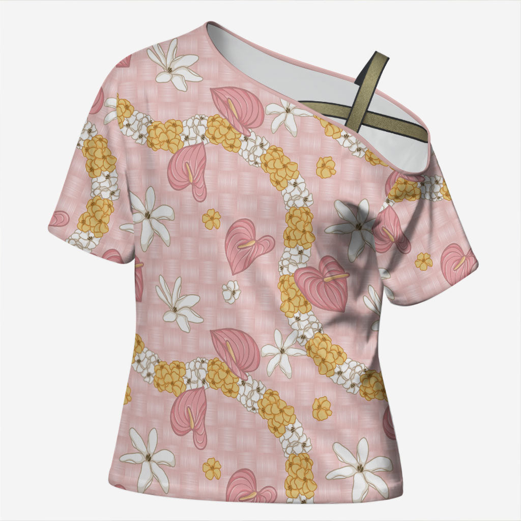 Hawaii Anthurium Tiare Pikake Lei Cross Shoulder Shirt Akala Lauhala Art Pattern