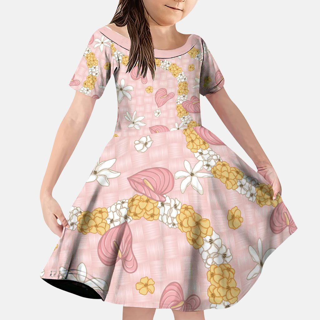 Hawaii Anthurium Tiare Pikake Lei Family Matching Long Sleeve Bodycon Dress and Hawaiian Shirt Akala Lauhala Art Pattern LT01 Daughter's Dress Pink - Polynesian Pride