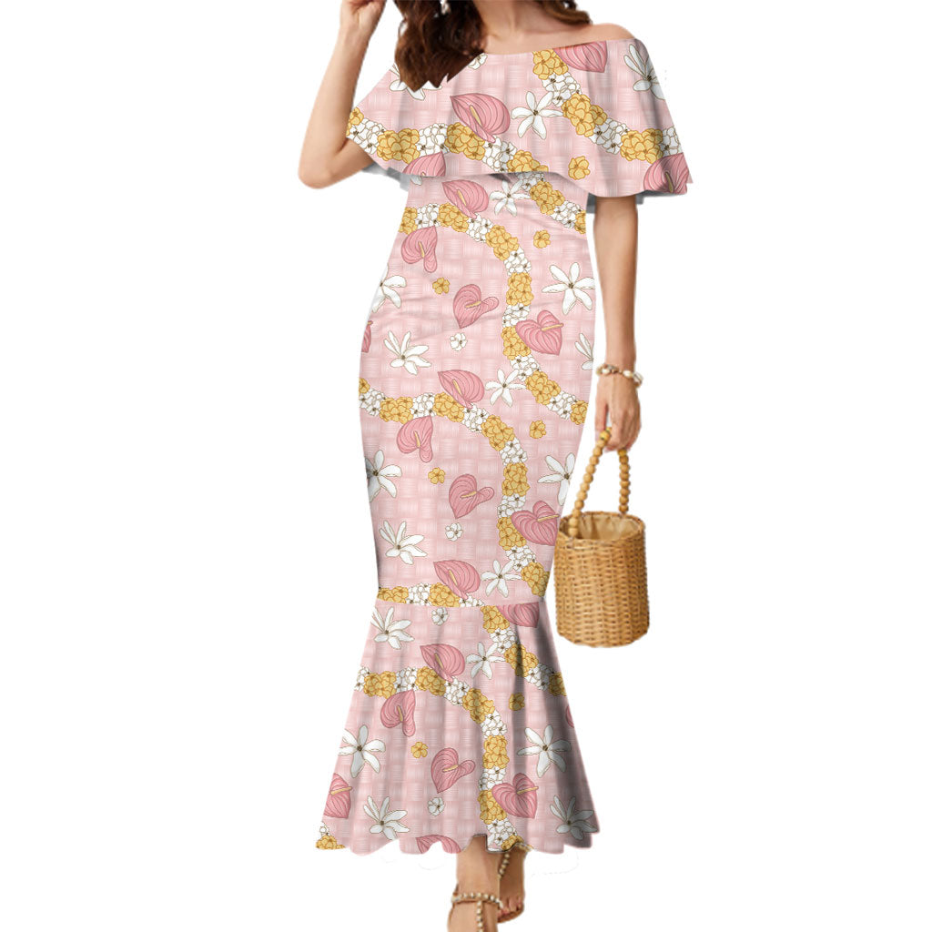Hawaii Anthurium Tiare Pikake Lei Family Matching Mermaid Dress and Hawaiian Shirt Akala Lauhala Art Pattern LT01 Mom's Dress Pink - Polynesian Pride