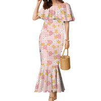 Hawaii Anthurium Tiare Pikake Lei Family Matching Mermaid Dress and Hawaiian Shirt Akala Lauhala Art Pattern LT01 Mom's Dress Pink - Polynesian Pride