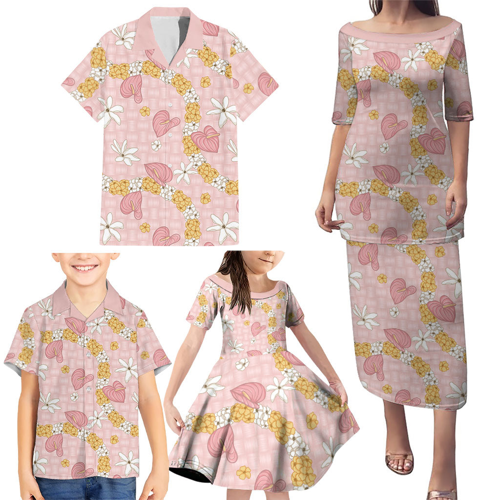 Hawaii Anthurium Tiare Pikake Lei Family Matching Puletasi and Hawaiian Shirt Akala Lauhala Art Pattern
