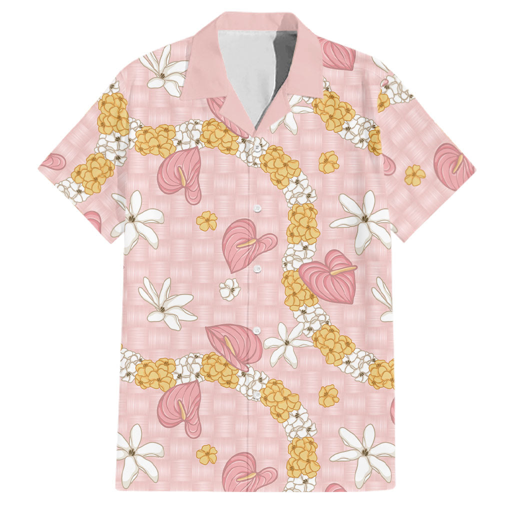 Hawaii Anthurium Tiare Pikake Lei Family Matching Short Sleeve Bodycon Dress and Hawaiian Shirt Akala Lauhala Art Pattern LT01 Dad's Shirt - Short Sleeve Pink - Polynesian Pride