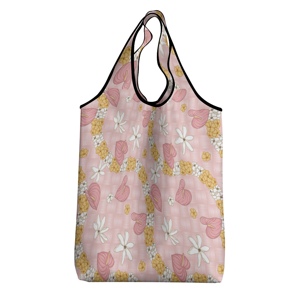 Hawaii Anthurium Tiare Pikake Lei Grocery Bag Akala Lauhala Art Pattern
