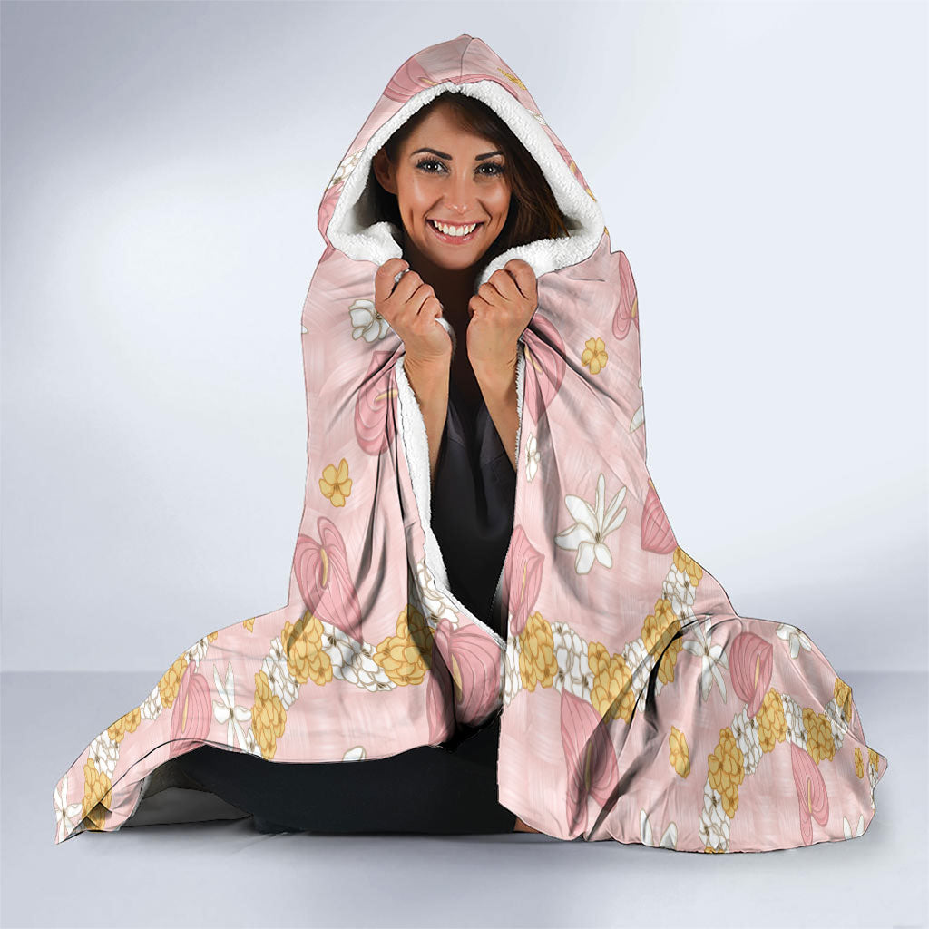 Hawaii Anthurium Tiare Pikake Lei Hooded Blanket Akala Lauhala Art Pattern