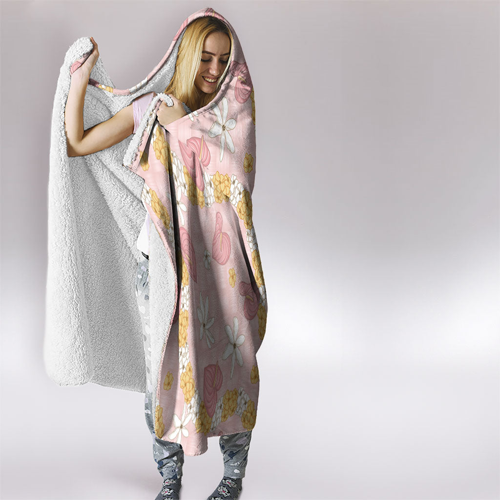 Hawaii Anthurium Tiare Pikake Lei Hooded Blanket Akala Lauhala Art Pattern