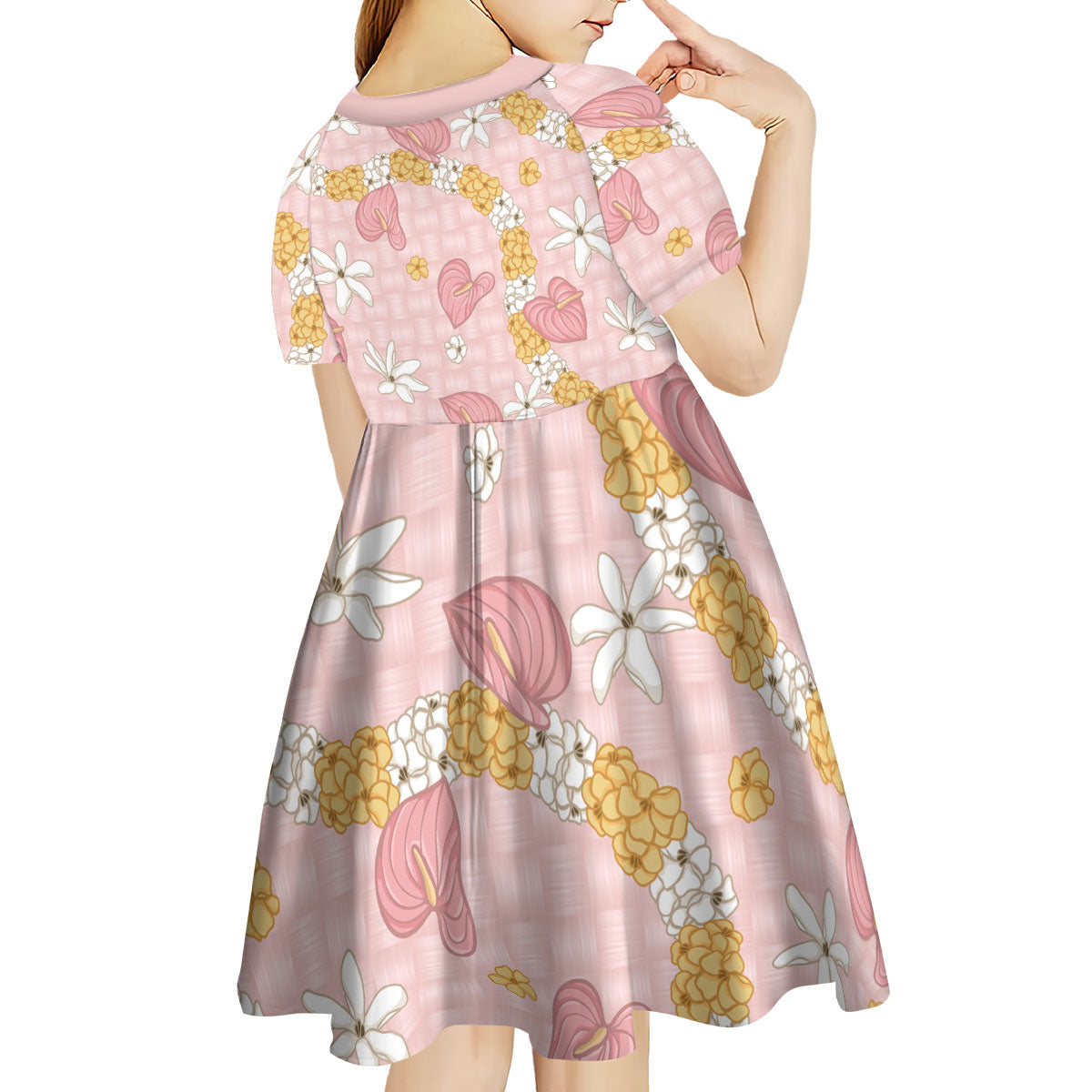 Hawaii Anthurium Tiare Pikake Lei Kid Short Sleeve Dress Akala Lauhala Art Pattern