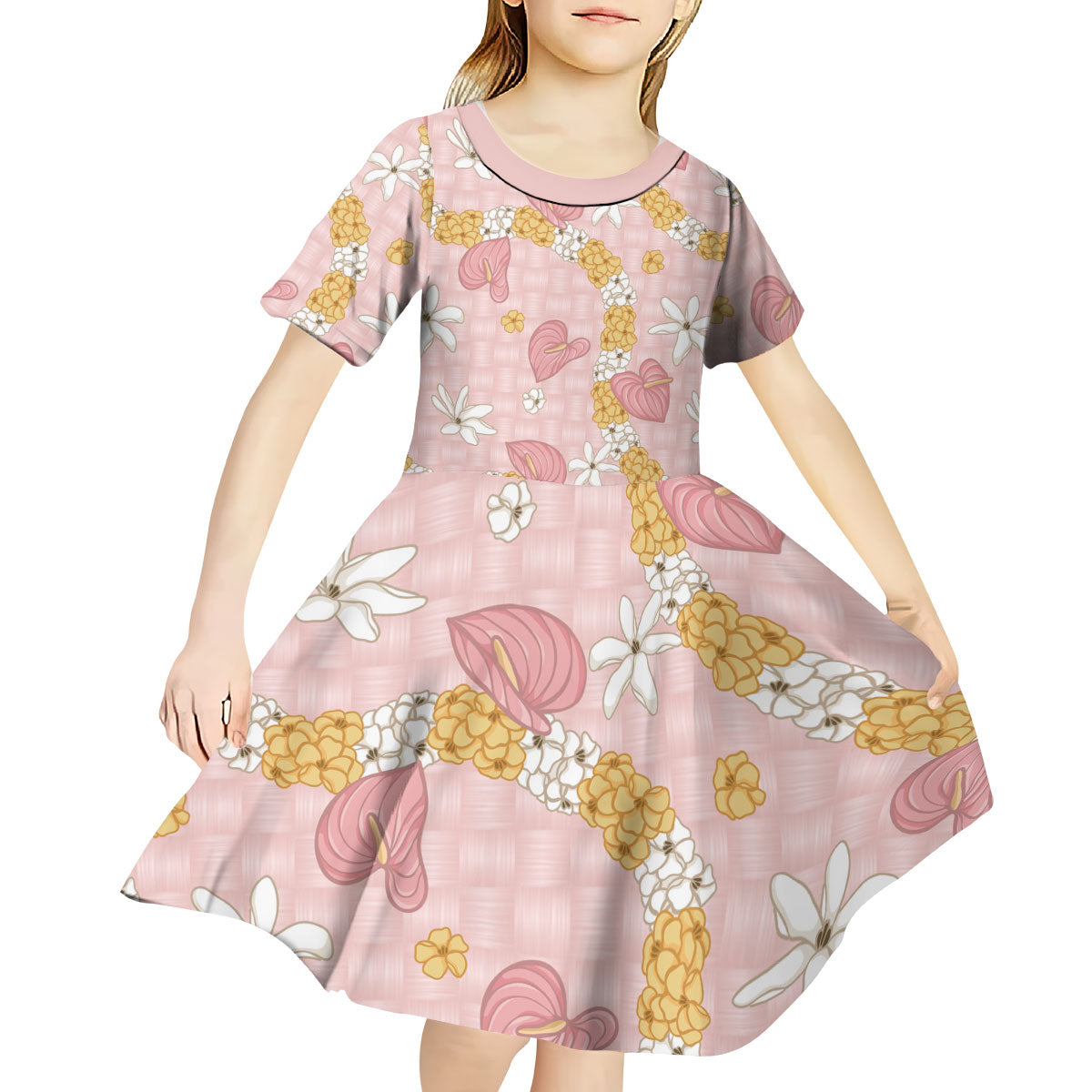Hawaii Anthurium Tiare Pikake Lei Kid Short Sleeve Dress Akala Lauhala Art Pattern