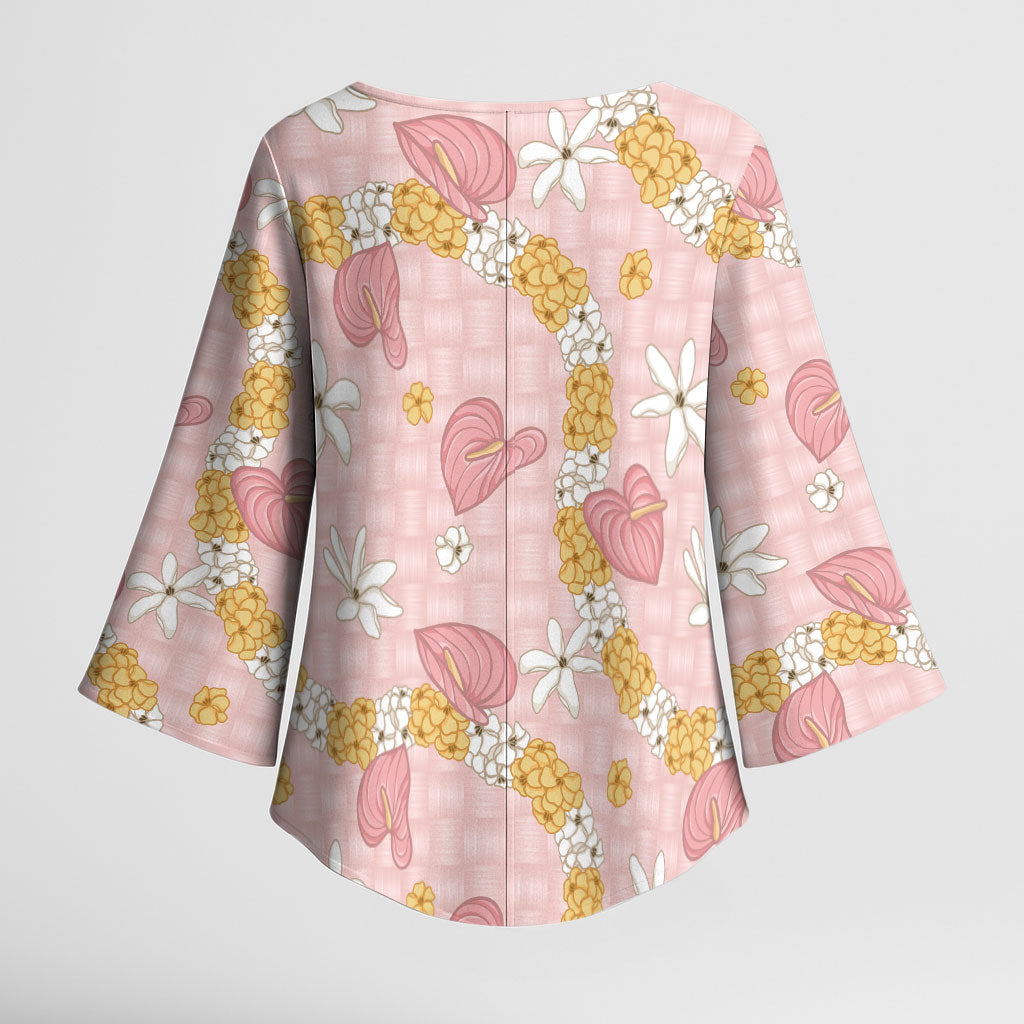 Hawaii Anthurium Tiare Pikake Lei Kimono Sleeve Blouse Akala Lauhala Art Pattern