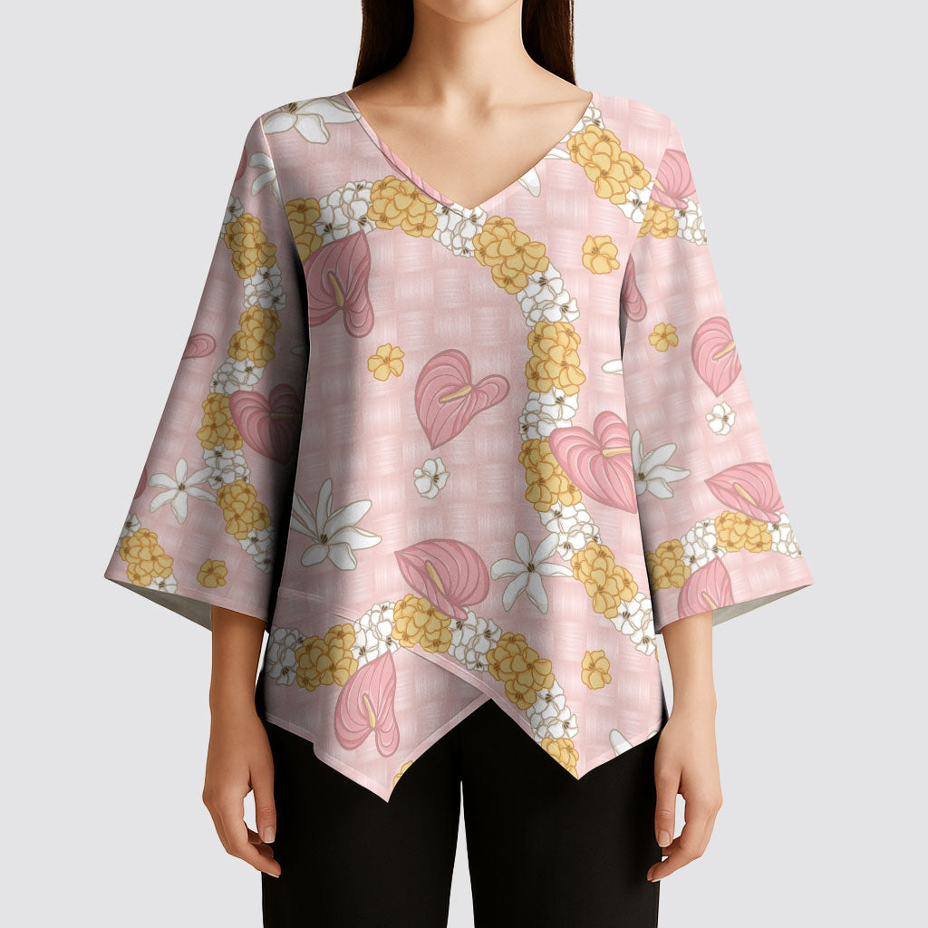 Hawaii Anthurium Tiare Pikake Lei Kimono Sleeve Blouse Akala Lauhala Art Pattern