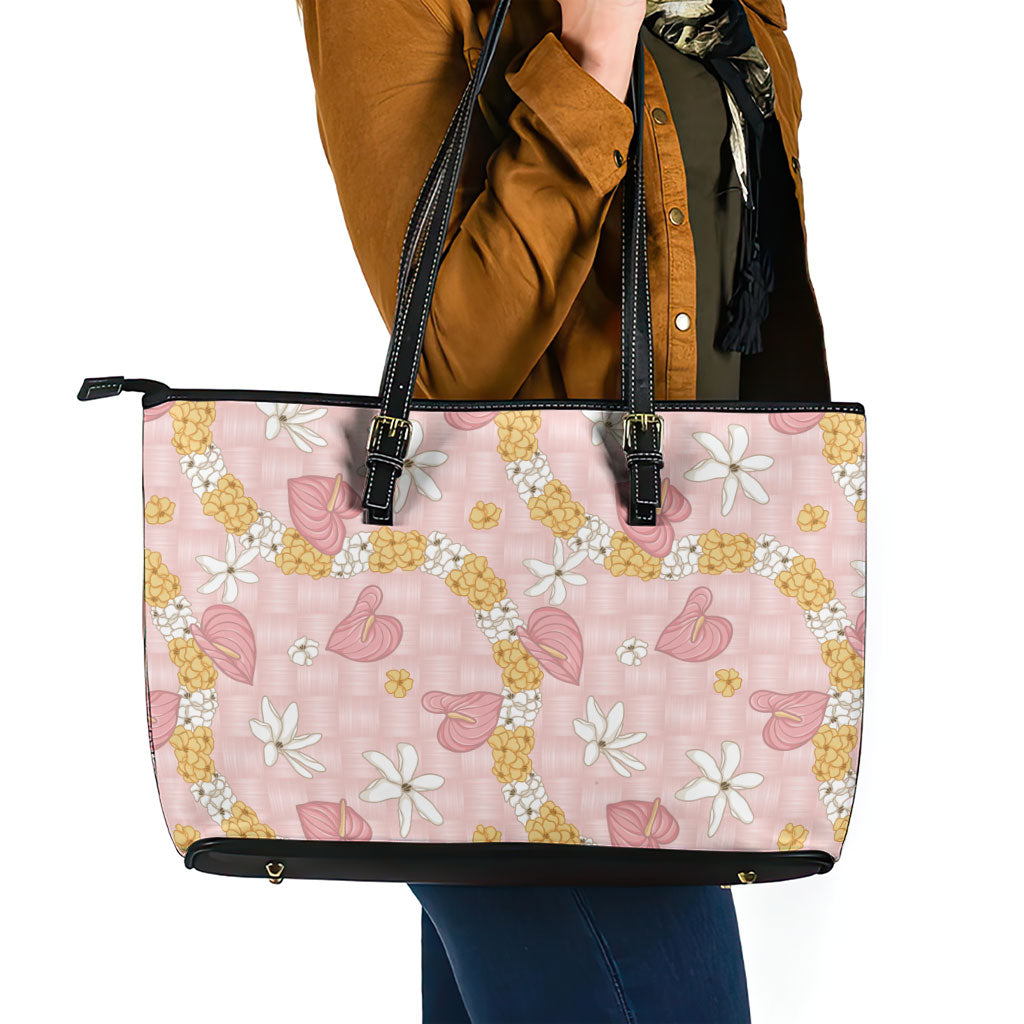 Hawaii Anthurium Tiare Pikake Lei Leather Tote Bag Akala Lauhala Art Pattern