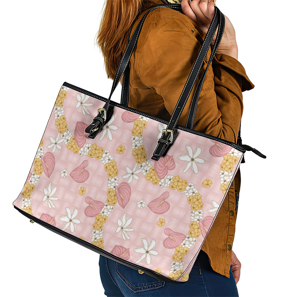 Hawaii Anthurium Tiare Pikake Lei Leather Tote Bag Akala Lauhala Art Pattern