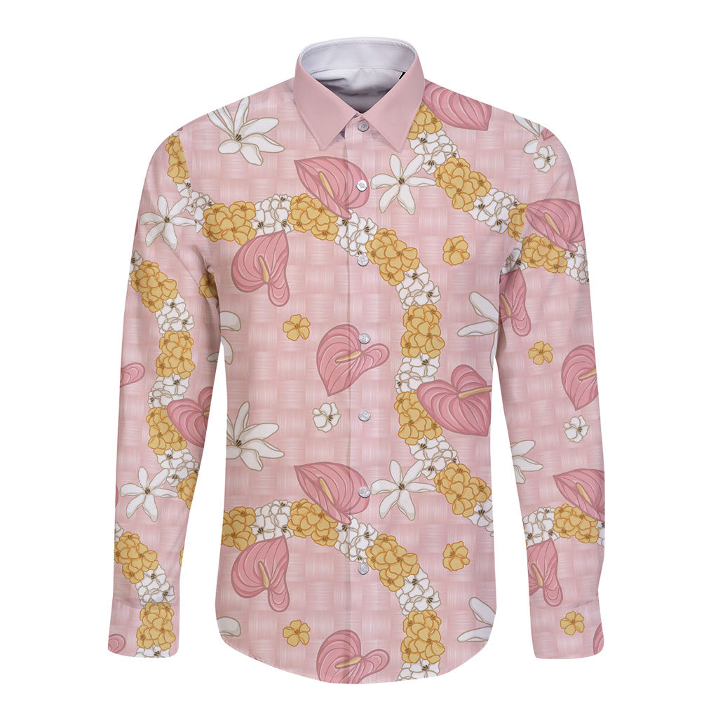 Hawaii Anthurium Tiare Pikake Lei Long Sleeve Button Shirt Akala Lauhala Art Pattern