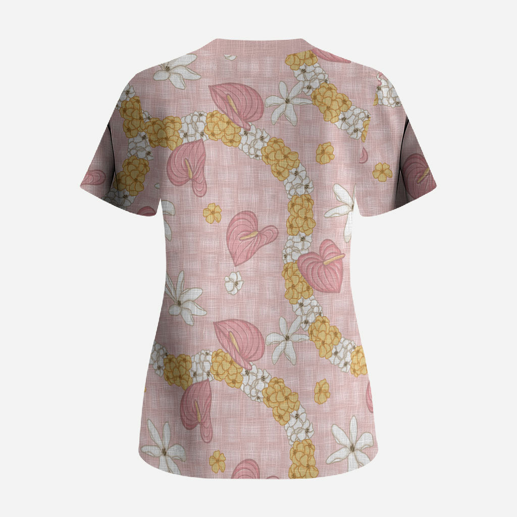 Hawaii Anthurium Tiare Pikake Lei Scrub Top Akala Lauhala Art Pattern
