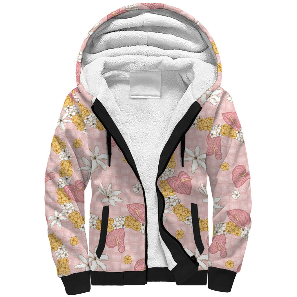 Hawaii Anthurium Tiare Pikake Lei Sherpa Hoodie Akala Lauhala Art Pattern
