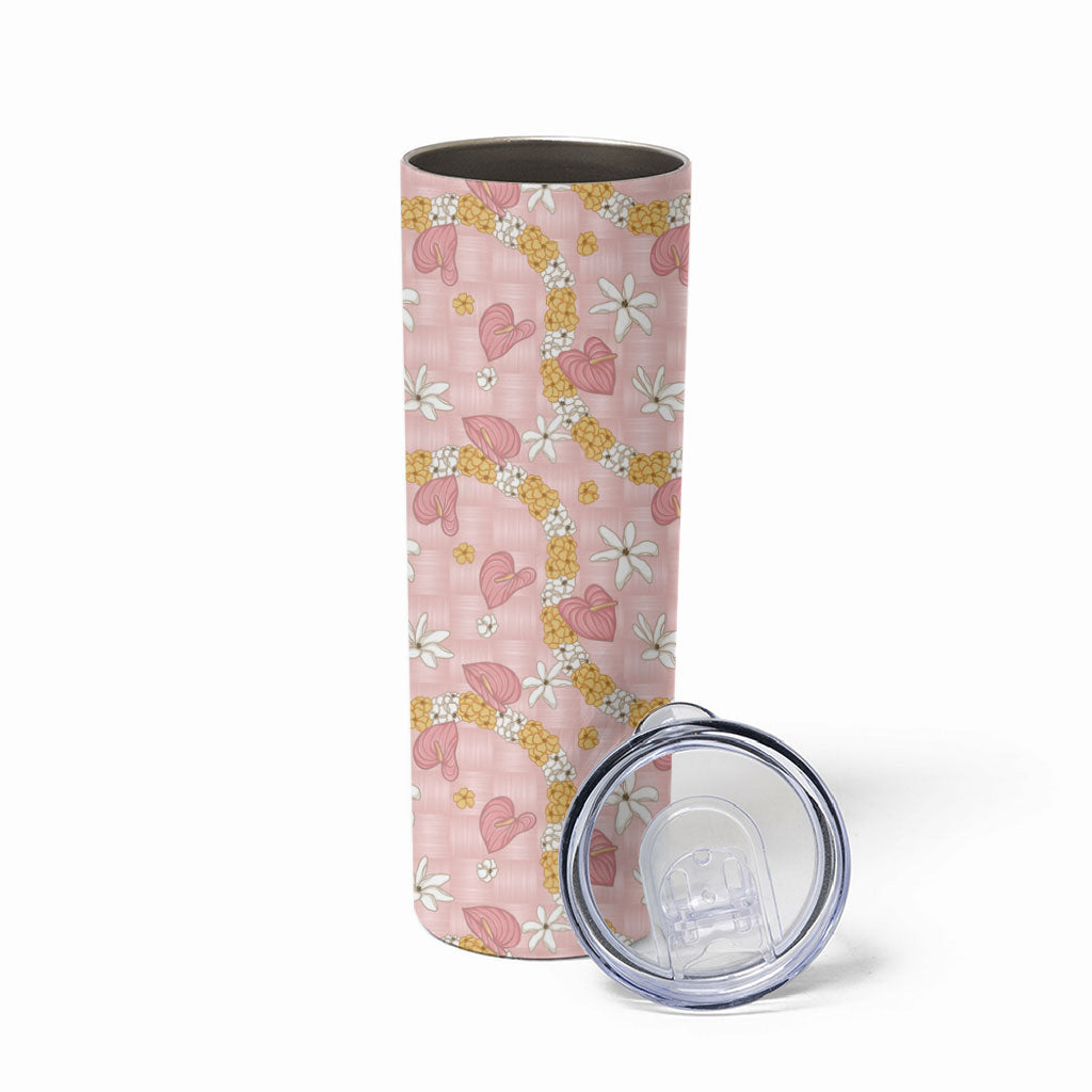 Hawaii Anthurium Tiare Pikake Lei Skinny Tumbler Akala Lauhala Art Pattern