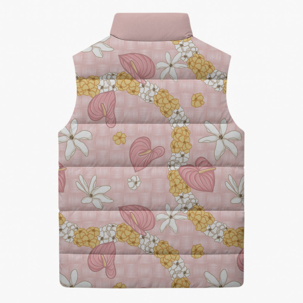 Hawaii Anthurium Tiare Pikake Lei Sleeveless Puffer Jacket Akala Lauhala Art Pattern