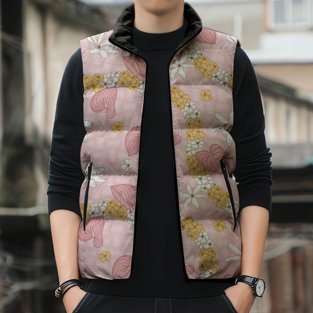 Hawaii Anthurium Tiare Pikake Lei Sleeveless Puffer Jacket Akala Lauhala Art Pattern