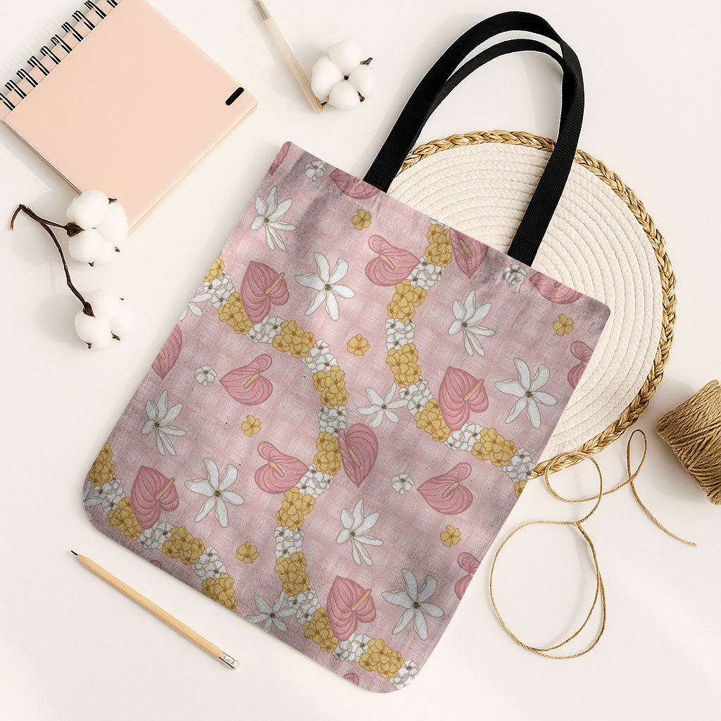 Hawaii Anthurium Tiare Pikake Lei Tote Bag Akala Lauhala Art Pattern