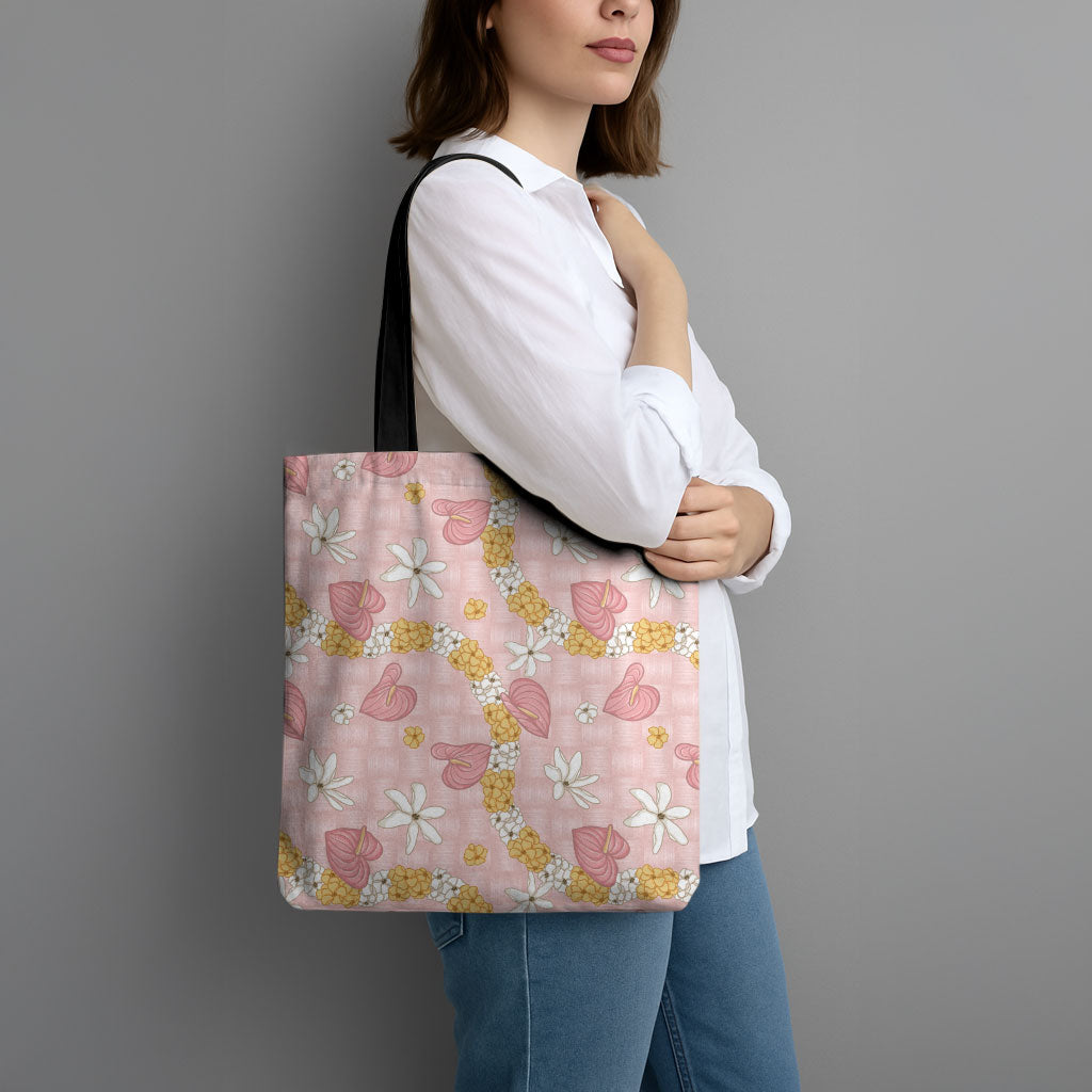 Hawaii Anthurium Tiare Pikake Lei Tote Bag Akala Lauhala Art Pattern