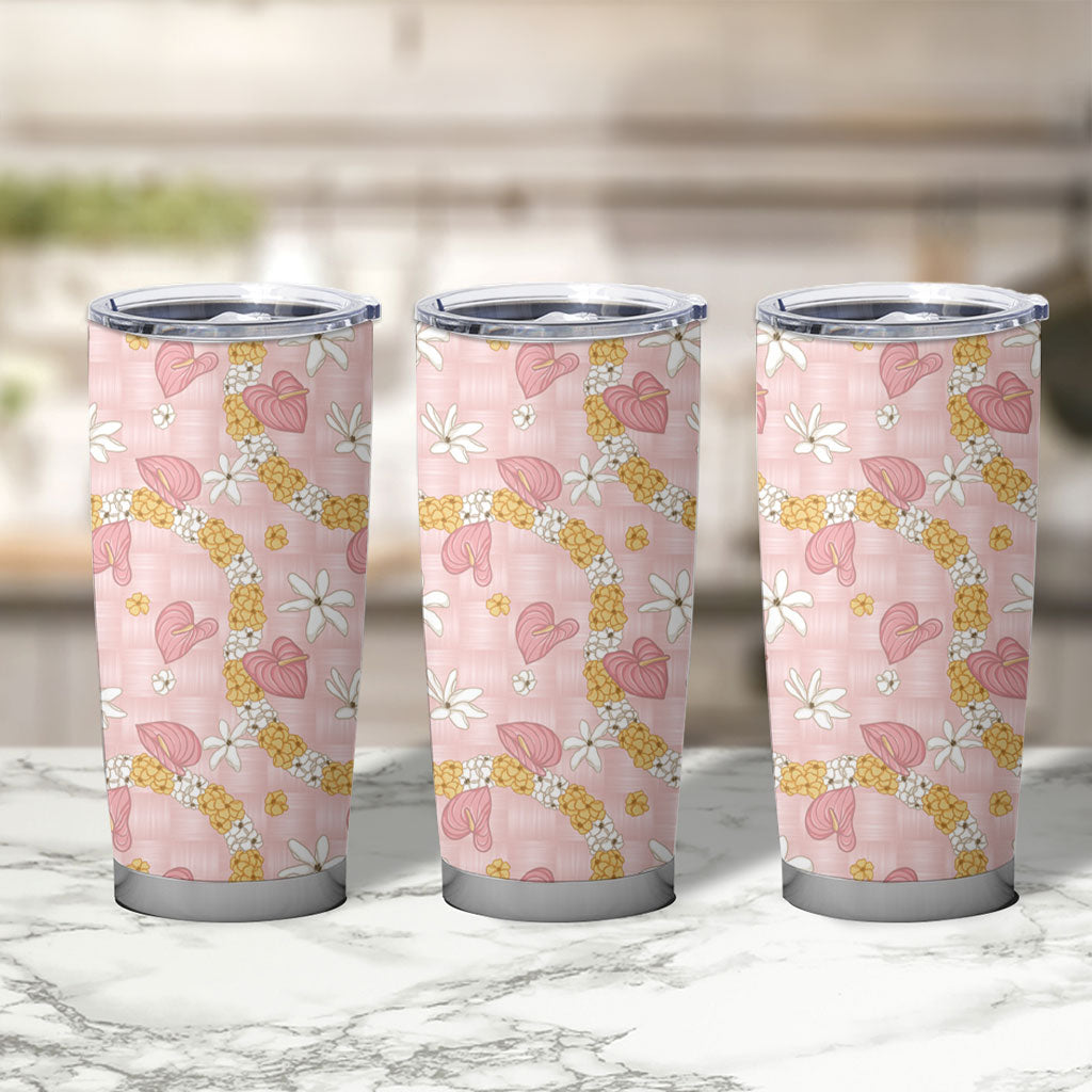 Hawaii Anthurium Tiare Pikake Lei Tumbler Cup Akala Lauhala Art Pattern