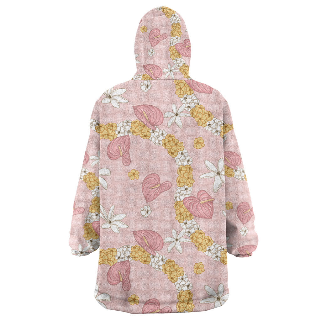 Hawaii Anthurium Tiare Pikake Lei Wearable Blanket Hoodie Akala Lauhala Art Pattern