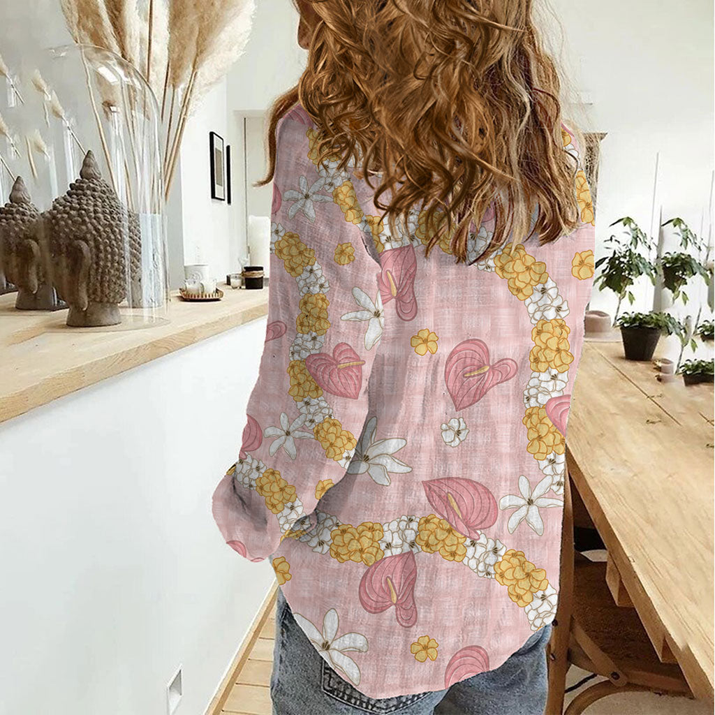 Hawaii Anthurium Tiare Pikake Lei Women Casual Shirt Akala Lauhala Art Pattern