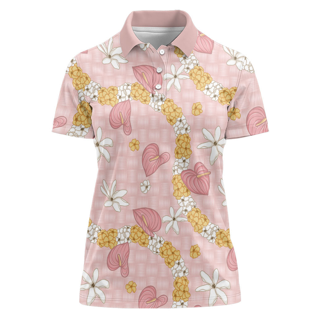 Hawaii Anthurium Tiare Pikake Lei Women Polo Shirt Akala Lauhala Art Pattern