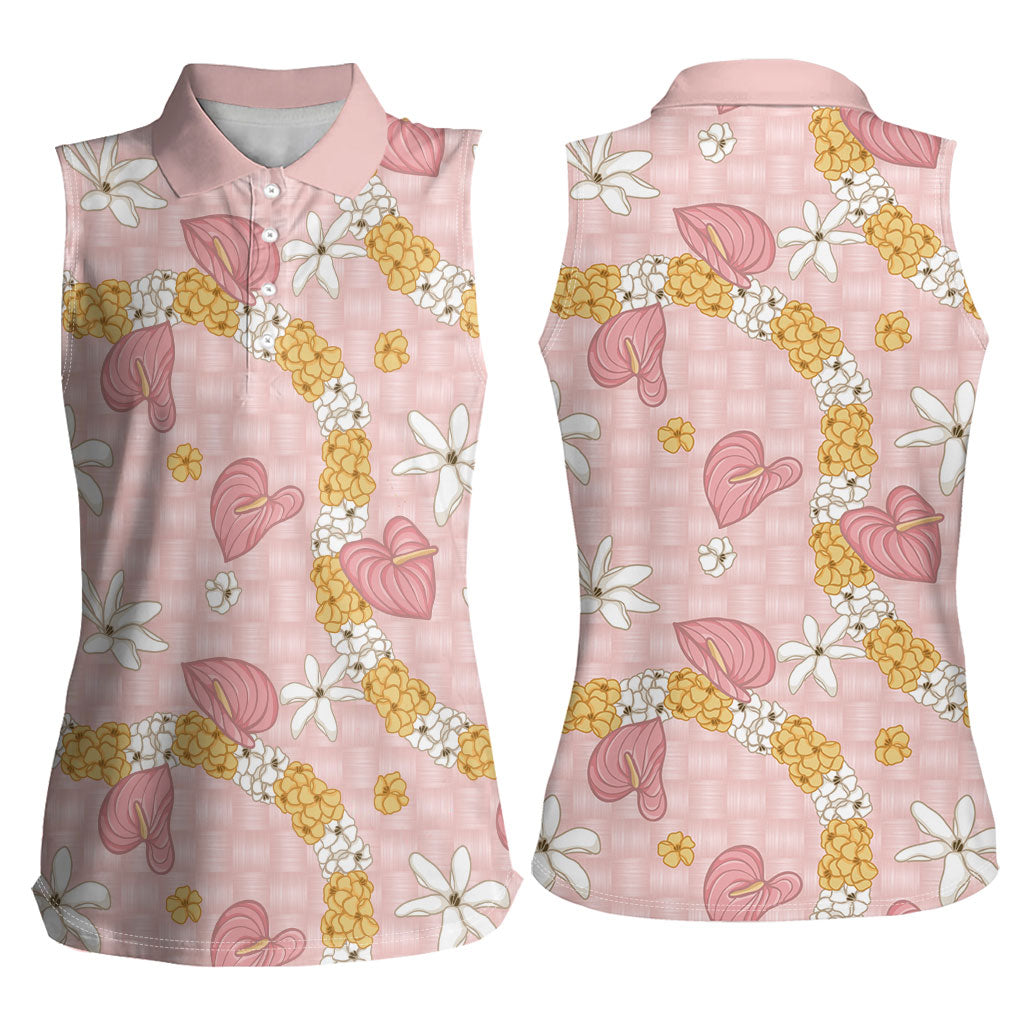 Hawaii Anthurium Tiare Pikake Lei Women Sleeveless Polo Shirt Akala Lauhala Art Pattern