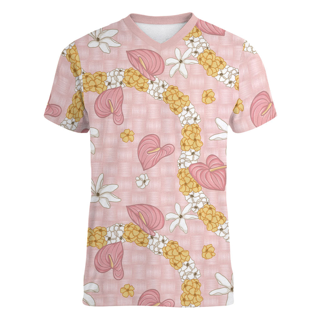 Hawaii Anthurium Tiare Pikake Lei Women V-Neck T-Shirt Akala Lauhala Art Pattern