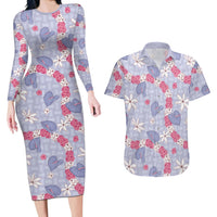 Hawaii Anthurium Tiare Pikake Lei Couples Matching Long Sleeve Bodycon Dress and Hawaiian Shirt Poni Lauhala Art Pattern