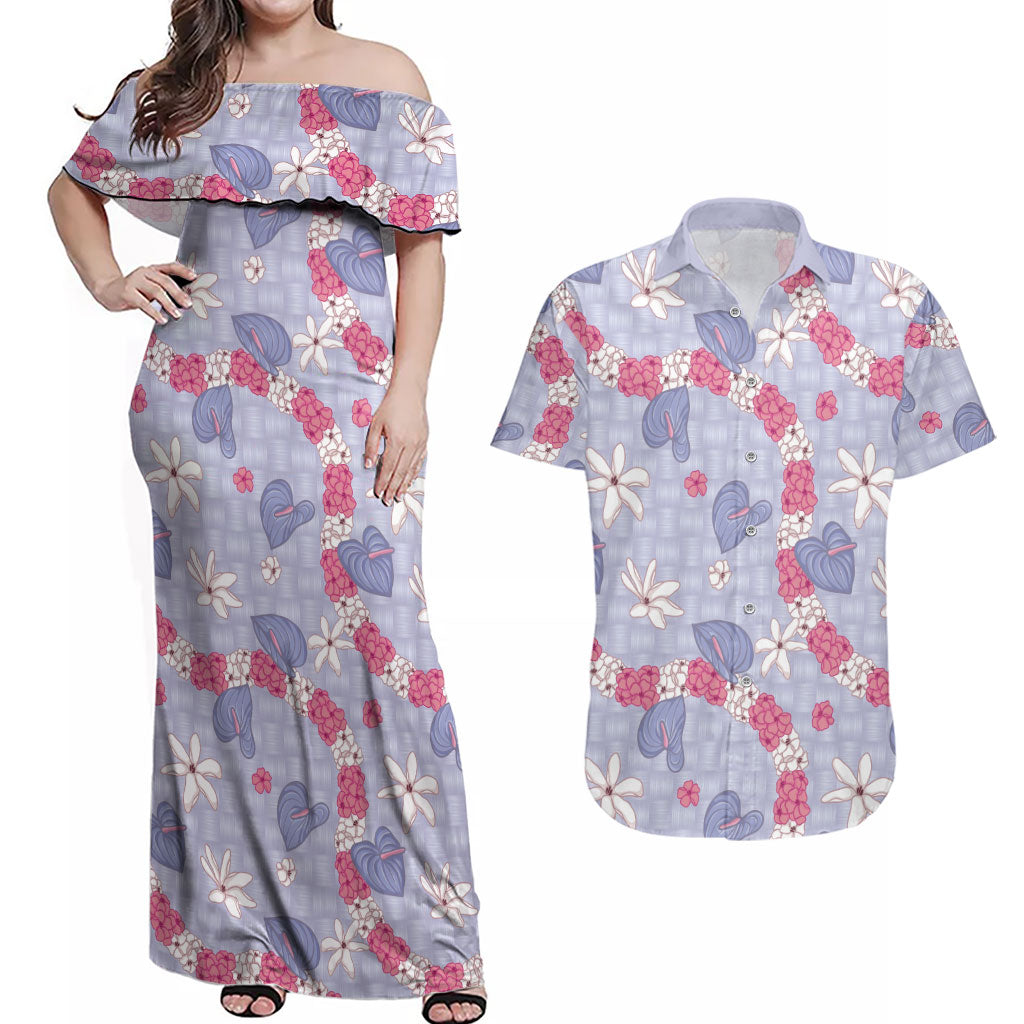Hawaii Anthurium Tiare Pikake Lei Couples Matching Off Shoulder Maxi Dress and Hawaiian Shirt Poni Lauhala Art Pattern